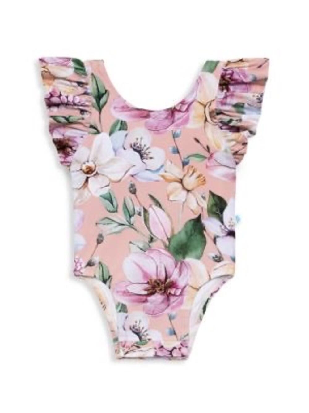 Posh Peanut Pink Floral Print Margot Ruffle One Piece Swimsuit - 12 to 18 Months